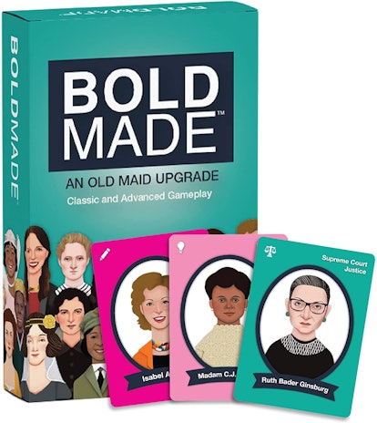 A Bold Maid game box that contains 40 important women in history with a white background