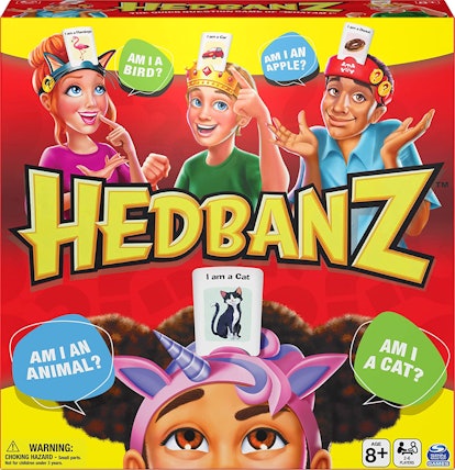 Hedbandz interactive game box where players guess what card they have on their head by asking questi...