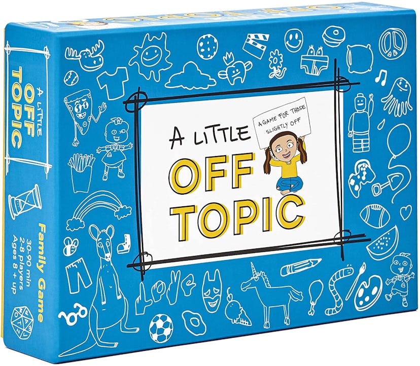 A Little Off Topic game box for kids to practice their critical thinking skills with a white backgro...