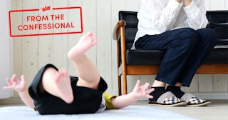 Child lying on the carpet while his concerned mom is sitting on a chair