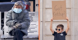 A two-part collage with a boy wearing a DIY grandpa costume next to a boy in a 'Dude with a Sign' Ha...