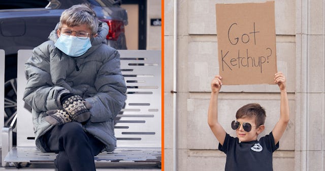 A two-part collage with a boy wearing a DIY grandpa costume next to a boy in a 'Dude with a Sign' Ha...