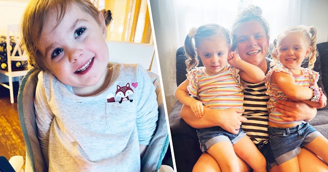 Autistic daughter smiling in one photo, while her mother is holding her and another blonde girls in ...