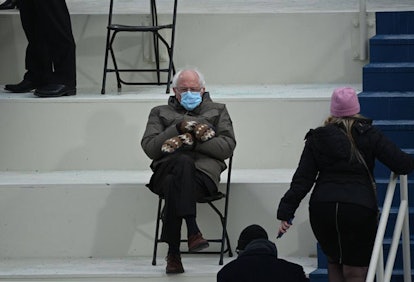 Senator Bernie Sanders sitting at the 2021 Presidential Inauguration with the mask on his face 