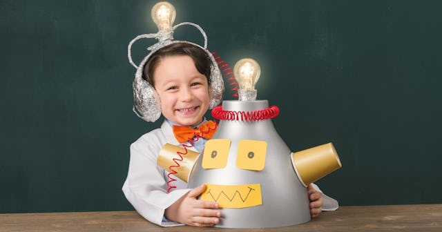 Kid with robot — robot jokes and puns.