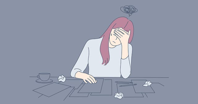 An illustration of a stressed-out introvert woman sitting and thinking