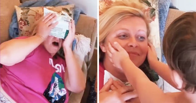 A two-part collage of a mother lying down on the couch and covering her eyes with a plastic bag and ...