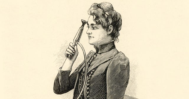 Woman placing a vibrator on her forehead to treat 'hysteria'