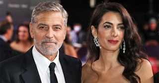 Actor George Clooney in a black suit and his wife Amal Alamuddin dressed up for an event