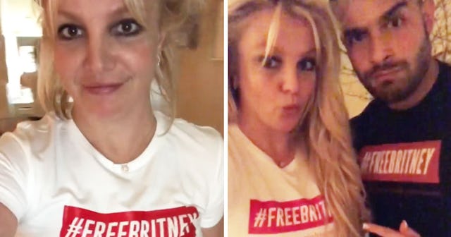 A two-part collage with Britney Spears and her with Sam Asghari wearing shirts with a #freebrintey p...