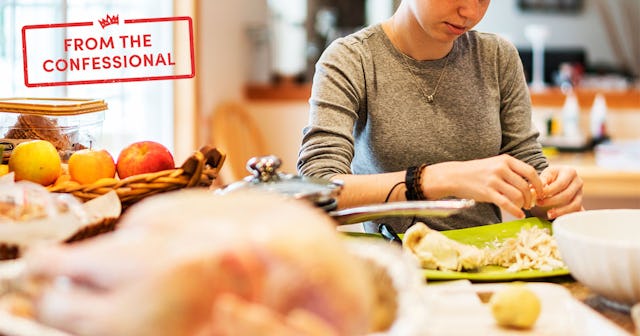 A girl cutting vegetables into small pieces and preparing them for a Thanksgiving meal