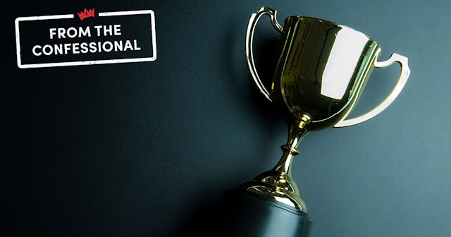 'From the Confessional' text on the left side, and a golden trophy on the right