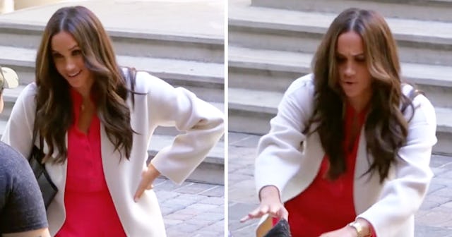 A two-part collage of Meghan Markle who managed to hold it together during Ellen's hidden camera pra...