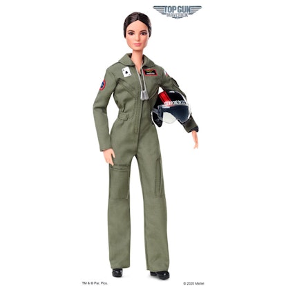 A "Top Gun Maverick" edition of a Barbie doll in a military suit and helmet.