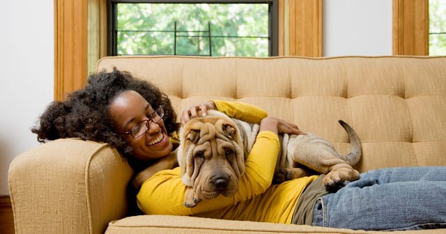 Woman petting dog — dog pregnancy symptoms
