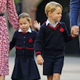 Princess Charlotte walks with her brother Prince George in the same school uniform while holding the...