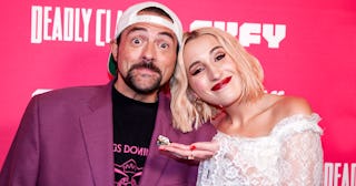 Kevin Smith and his daughter Harley Quinn Smith on the red carpet
