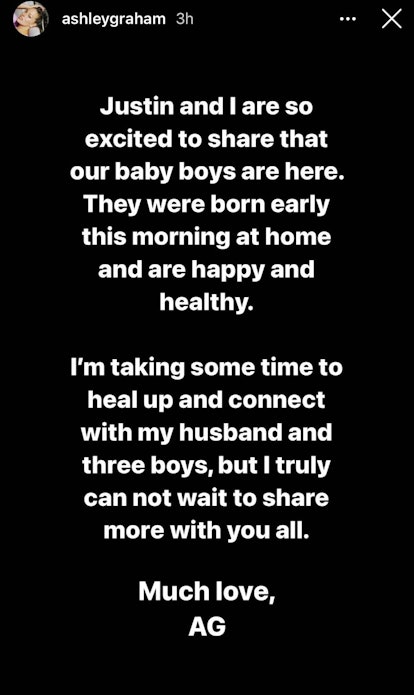 Ashley Graham's Instagram story about her baby boys and her taking some time to recover from birth.