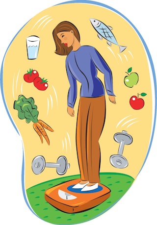 Illustration of a woman standing on a scale surrounded by many types of food.