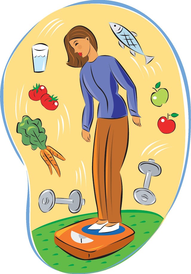 Illustration of a woman standing on a scale surrounded by different types of food.