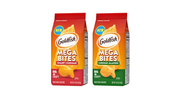 Two packages of adult-sized Goldfish mega bites