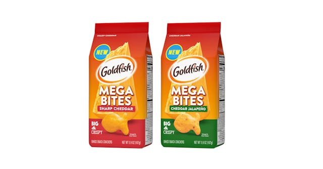 Two packages of adult-sized Goldfish mega bites