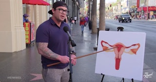 A large tattooed man shows what he knows about the female body on the street in the Jimmy Kimmel Liv...