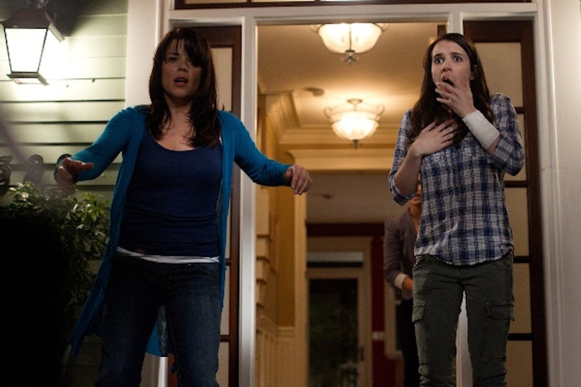 Neve Campbell and Emma Roberts are stalked by a serial killer in 'Scream 4.'