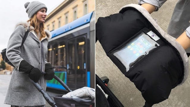 Side by side of a woman pushing a stroller and stroller mittens