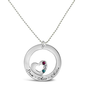 AJ's Collection Personalized Round Washer Heart with Swarovski Birthstone Setting