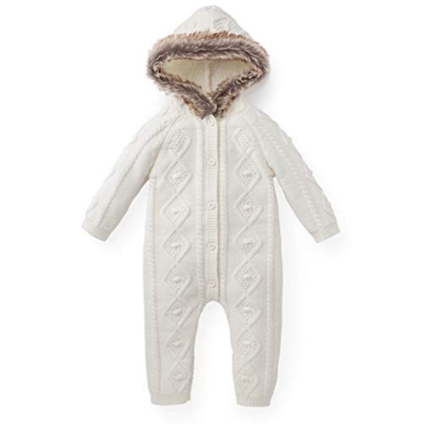 Hope & Henry Layette Cable Sweater Romper with Faux Fur Hood