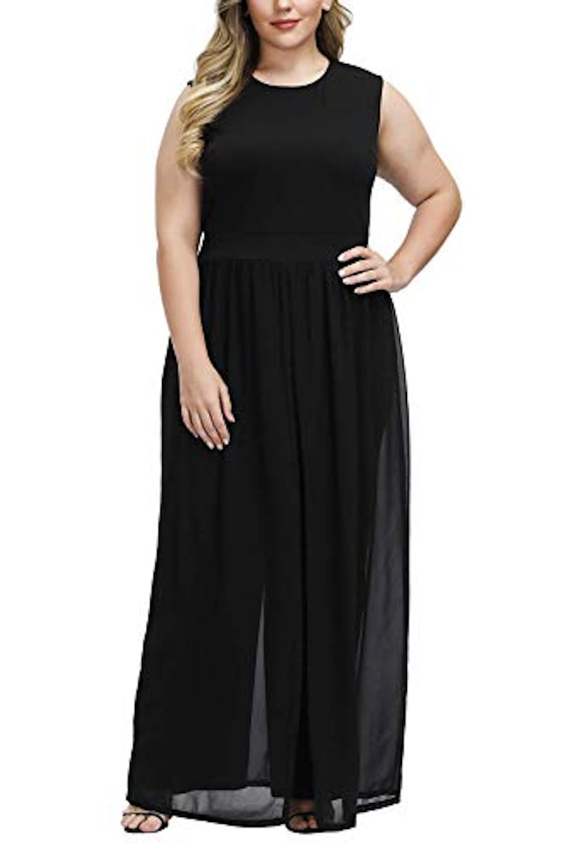 Pink Queen Women's Plus Size Sleeveless Long Pants Jumpsuit with Chiffon Overlay