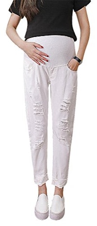 Hibukk White Distressed  Maternity Jean...