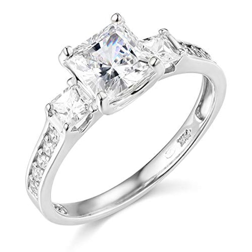 TWJC 3 Stone Princess Cut Engagement Ring