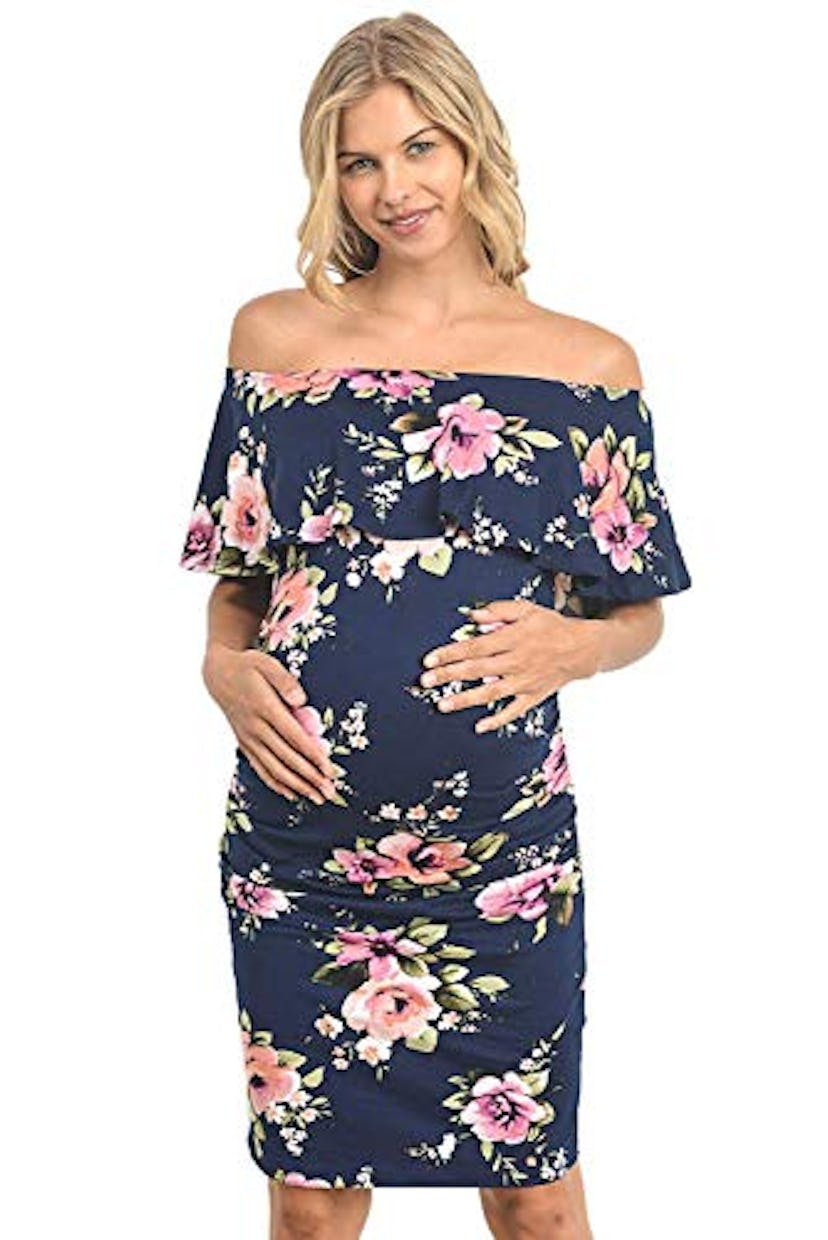 Hello MIZ Women's Floral Ruffle Off Shoulder Maternity Dress