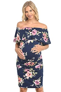 Hello MIZ Women's Floral Ruffle Off Shoulder Maternity Dress