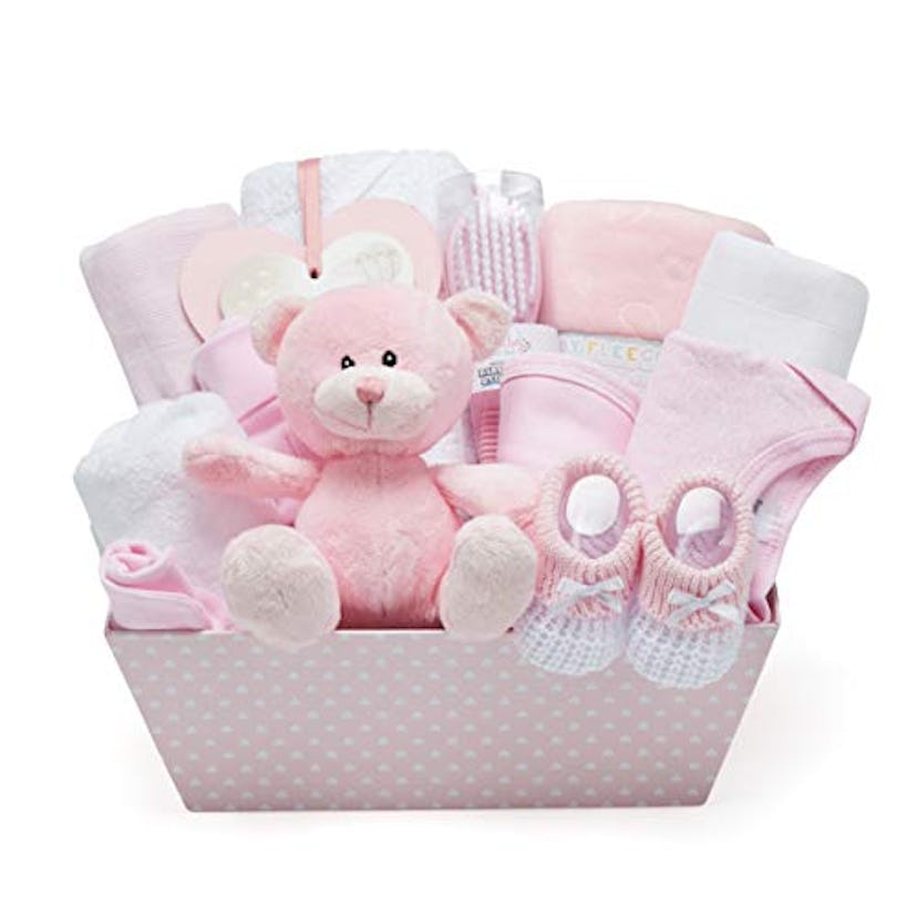Baby Girl Gift Hamper With Fleece Wrap, Hooded Towel, Clothing, and Teddy Bear