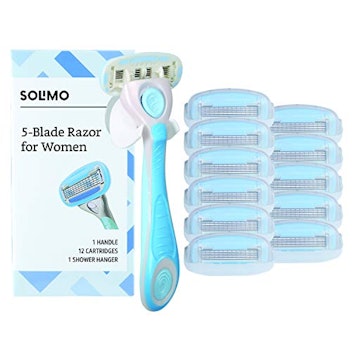 Solimo 5-Blade Razor with Handle, 12 Cartridges & Shower Hanger