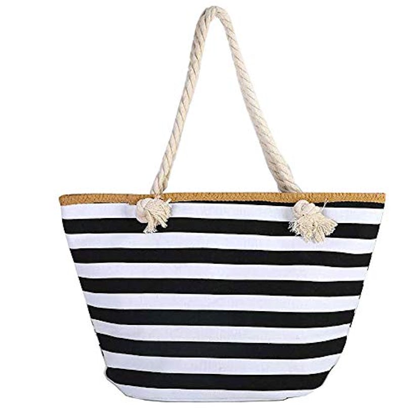 K Y Kangyun Large Canvas Striped Beach Bag with Waterproof Lining