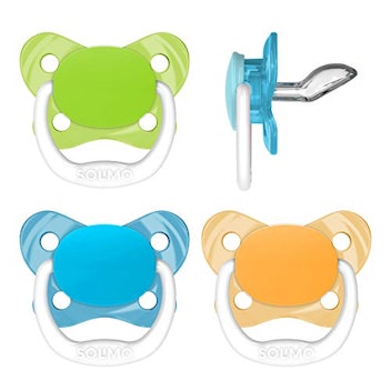 Solimo Orthodontic Baby Pacifier, Stage 1 (0-6M), BPA Free, Assorted Colors (Pack of 4)