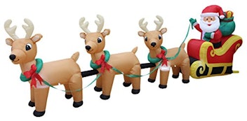 12 Foot Long Lighted Christmas Inflatable Santa Claus on Sleigh with 3 Reindeer & Christmas Tree Lig...