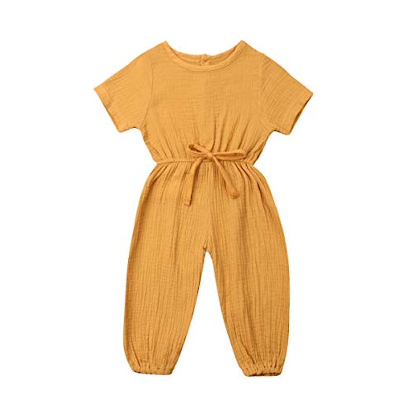 Mubineo Short Sleeve Cotton Linen Drawstring Jumpsuit