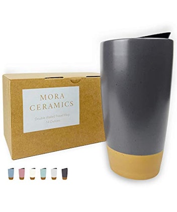 Mora Double Wall Ceramic Coffee Travel Mug with Lid