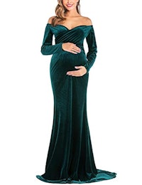 JustVH Velvet Maternity Off Shoulder Half Circle Fitted Gown