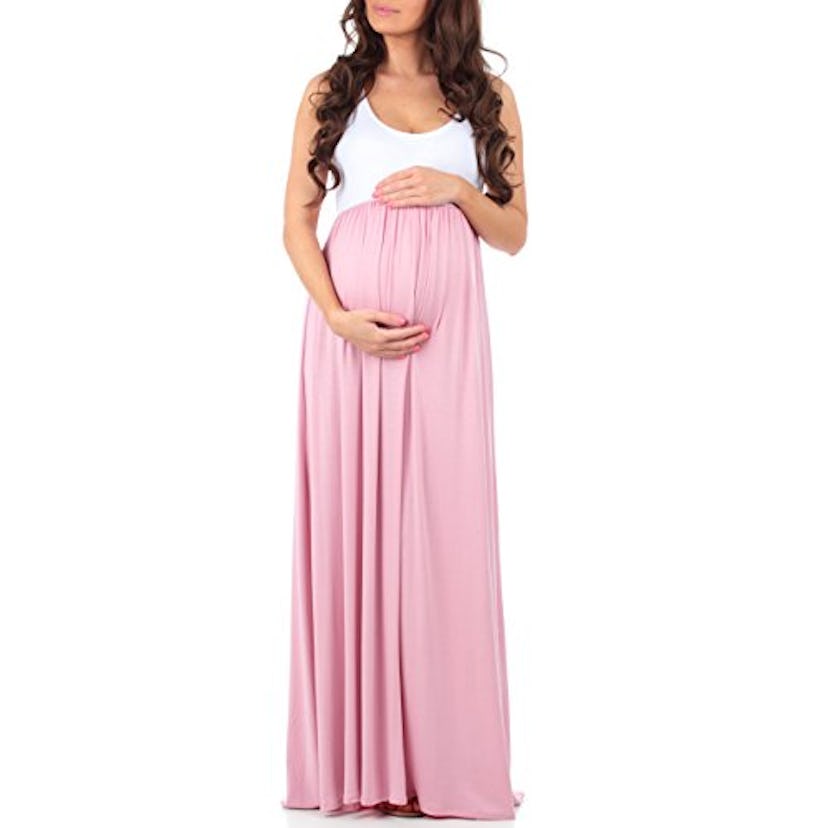 Sleeveless Ruched Color Block Maxi Maternity Dress