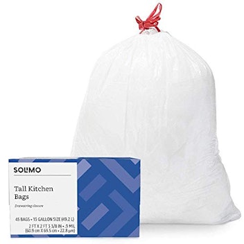 Solimo Tall Kitchen Drawstring Trash Bags, 13 Gallon, 45 Count