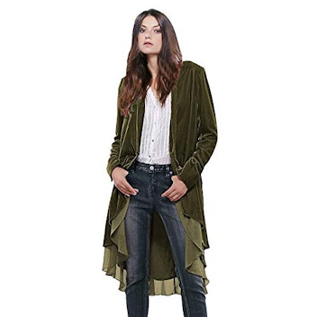 BeeBeauty Ruffled Asymmetric Long Velvet Blazers Coat Casual Jackets