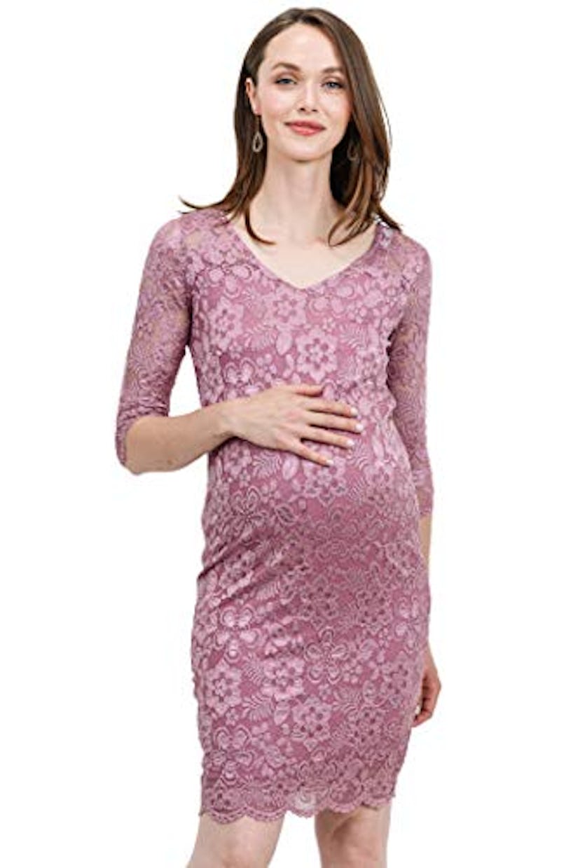 HELLO MIZ Women's Maternity Floral Lace Knee Length Bodycon Dress