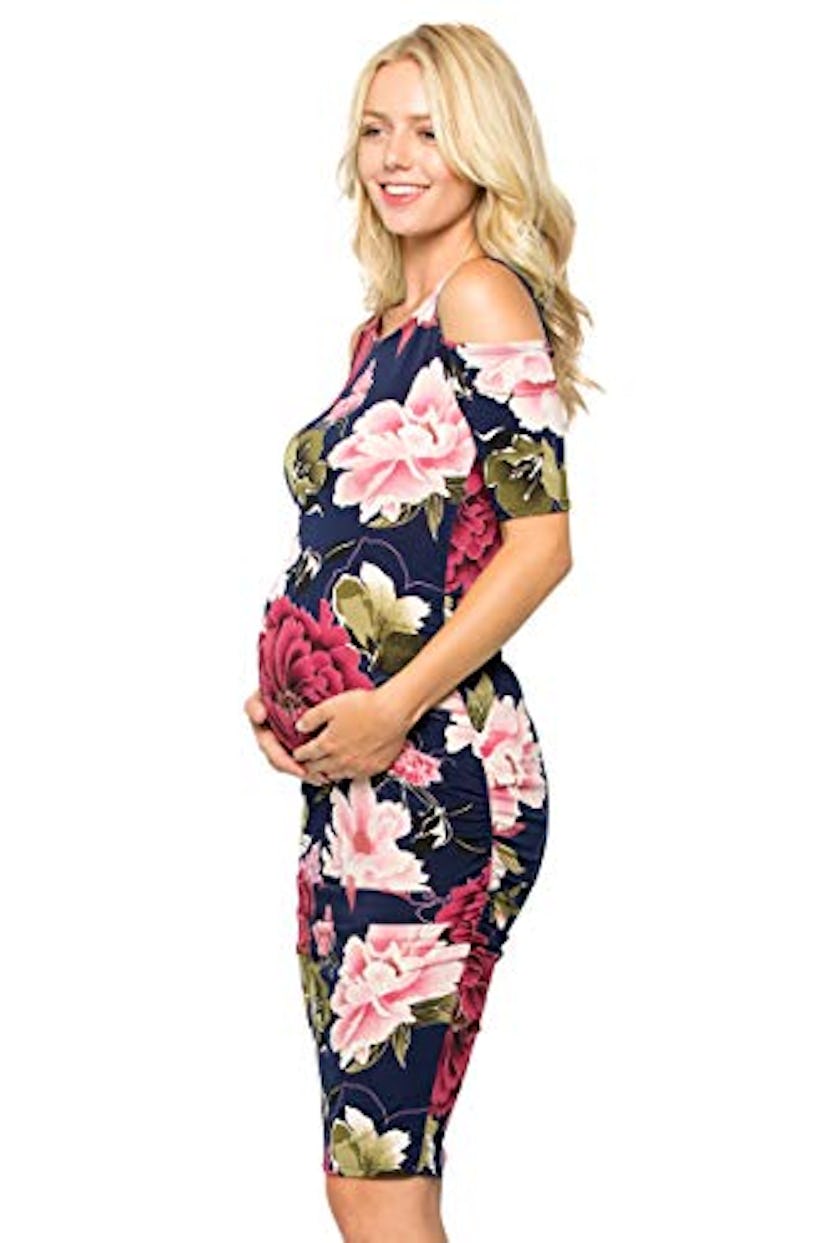 My Bump Women's Cold Shoulder Fitted Maternity Dress W/Side Ruched