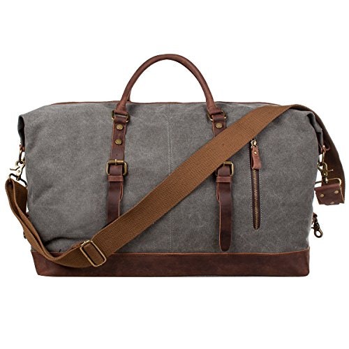 WEEN CHARM Canvas Overnight Bag Travel Duffel Leather Trim Travel Tote Duffel Shoulder Handbag Weekend Bag 